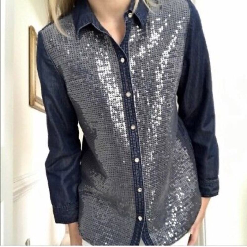 Chico's Sequin Denim Shirt Sequin Front Size 0 Size Small